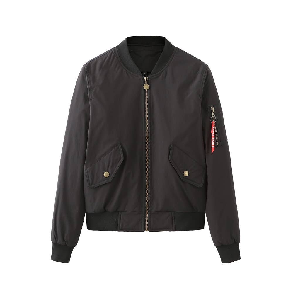 SOLID COLOR ZIPPER BOMBER JACKET