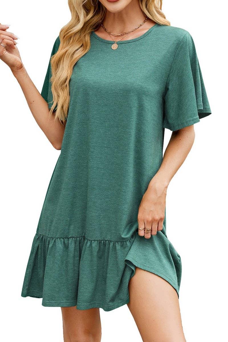 CWDSD7433_SOLID COLOR LOOSE SHORT SLEEVE PLEATED DRESS