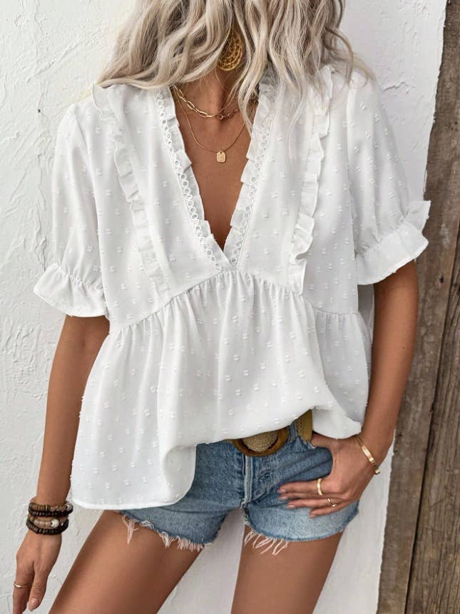 V-neck casual ruffled short-sleeved T-shirt