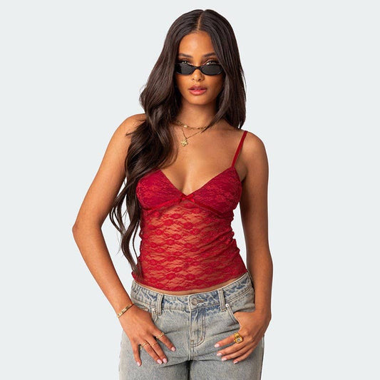 V-neck sexy lace see-through halter top