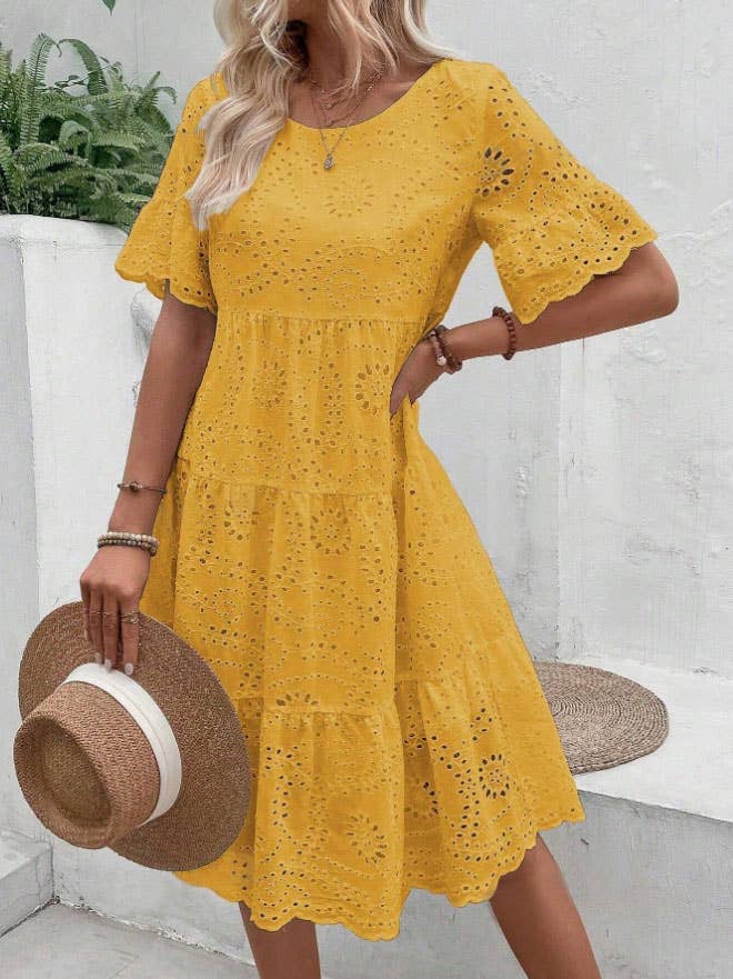 SOLID-COLOR COTTON EMBROIDERED LACE CUTOUT DRESS_CWDSD10724