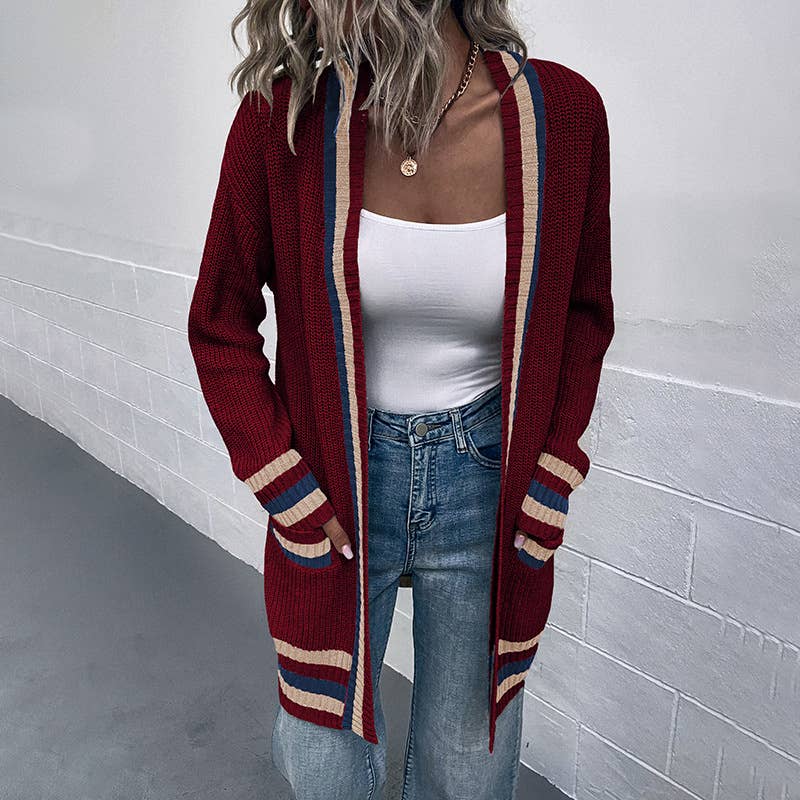 Striped pocket knit cardigan in contrasting colors
