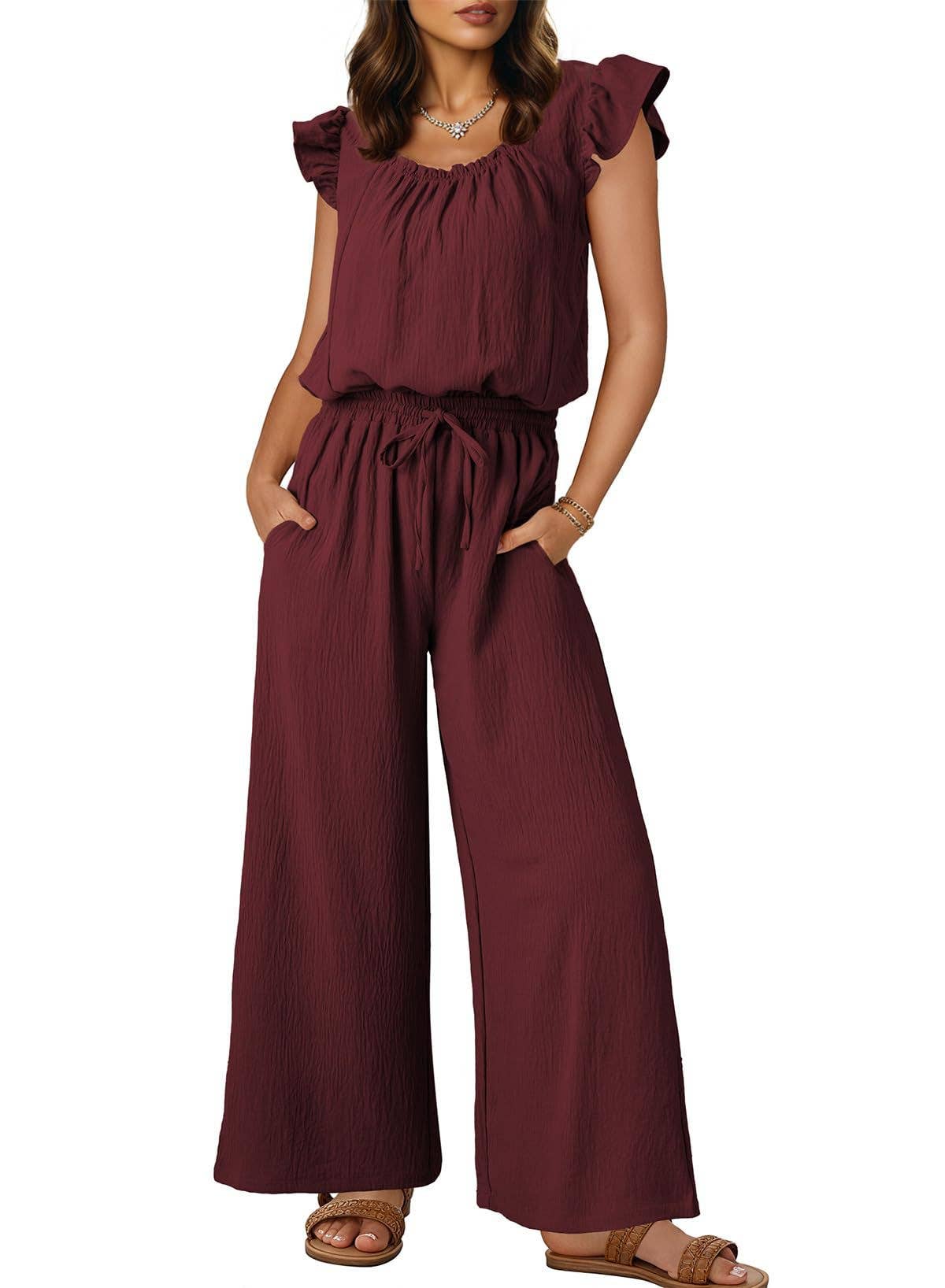 Women¡¯s ruched romper with ruffle sleeves