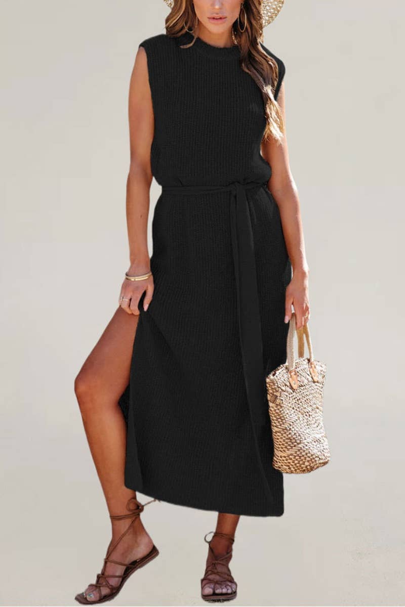 CWDMD2089_CREW NECK SLEEVELESS LACE-UP DRESS WITH SLIT