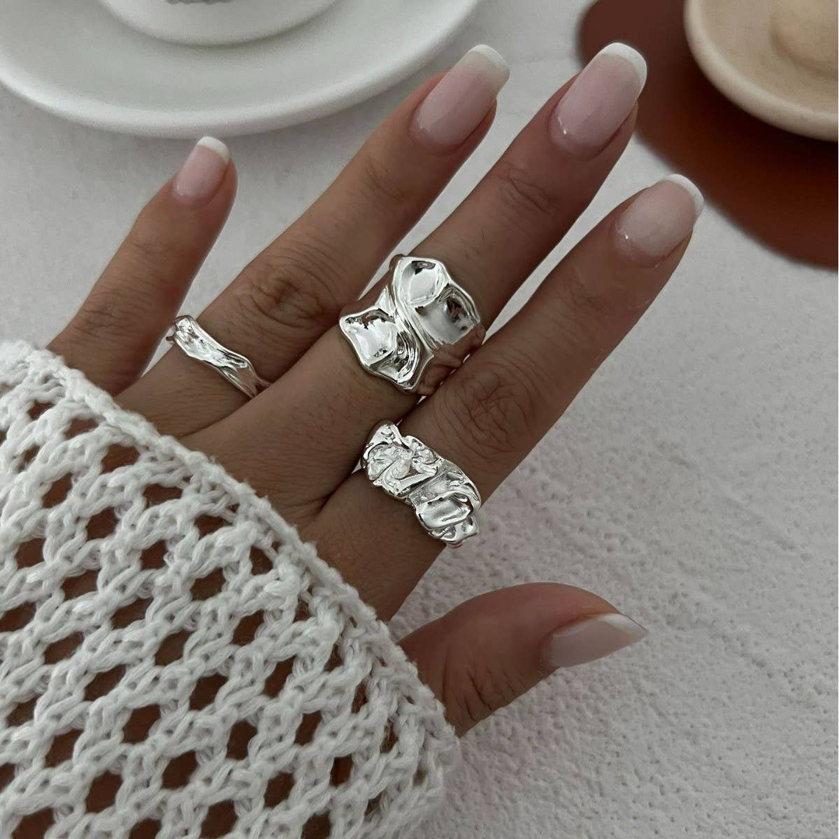 NICHE TEXTURED GLOSSY GEOMETRIC OPEN RING SET_CWMM3235