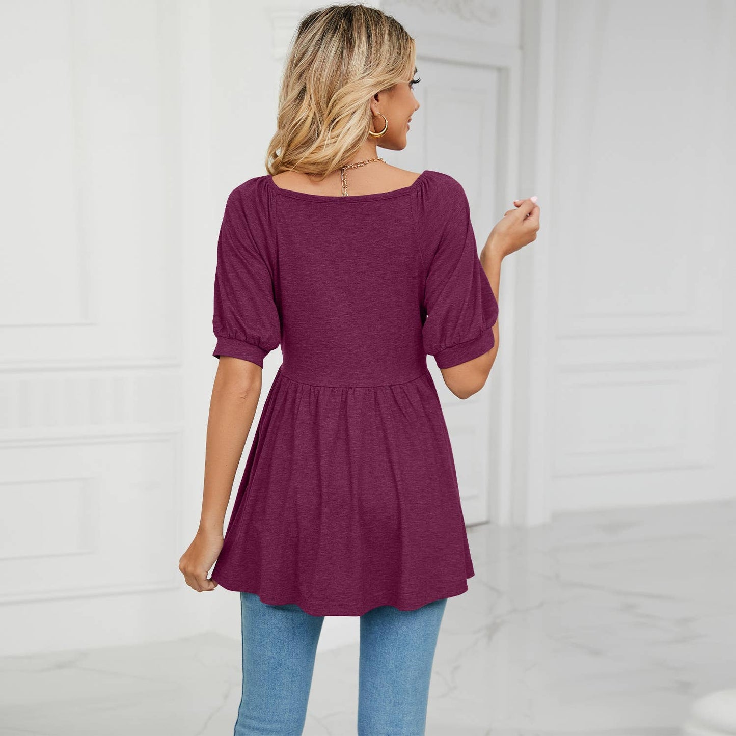 V-NECK BUBBLE SHORT SLEEVE T-SHIRT TUNIC