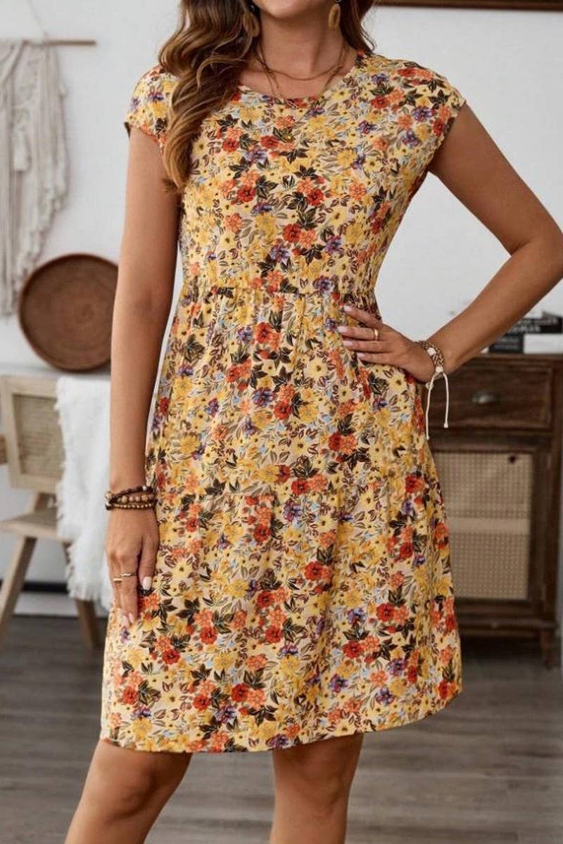 CWDSD8379_PRINTED ELASTIC WAIST SHORT SLEEVE DRESS