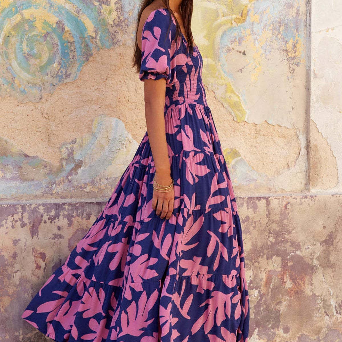 Print puffed sleeve long A-line dress