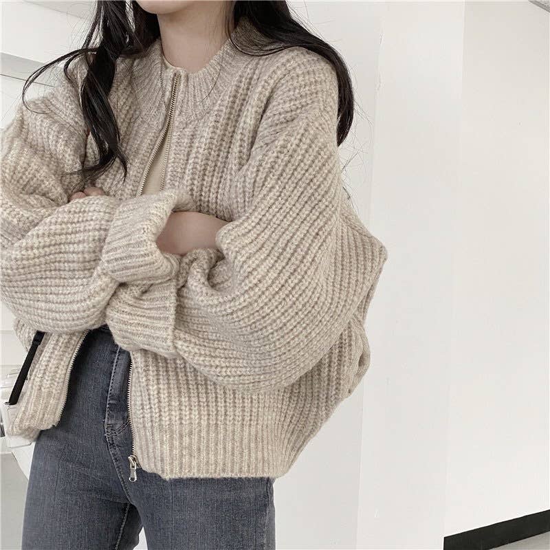 Solid-color zipper thick knitted cardigan