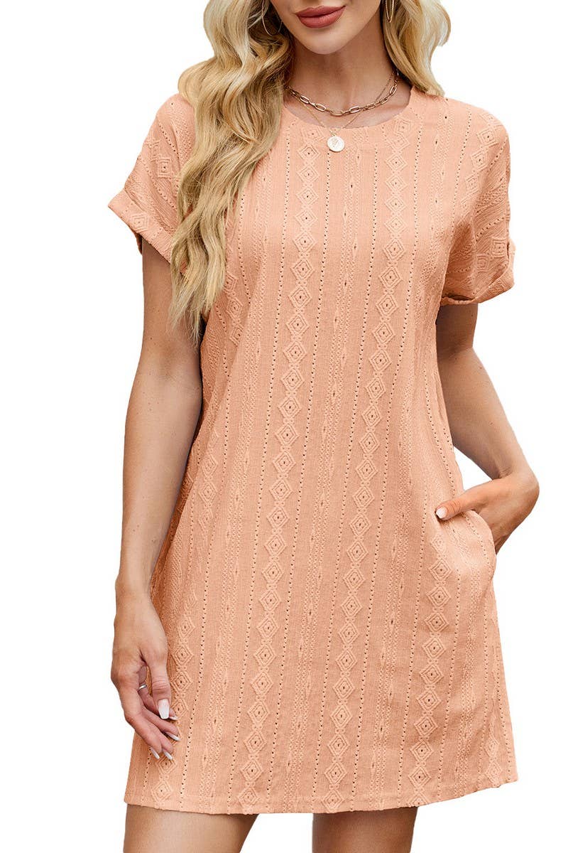 CWDSD7281_SOLID COLOR ROUND NECK SHORT SLEEVE POCKET DRESS