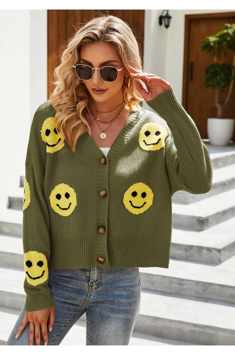 CWOCAL0777_SMILEY FACE LOOSE KNIT CARDIGAN SWEATER