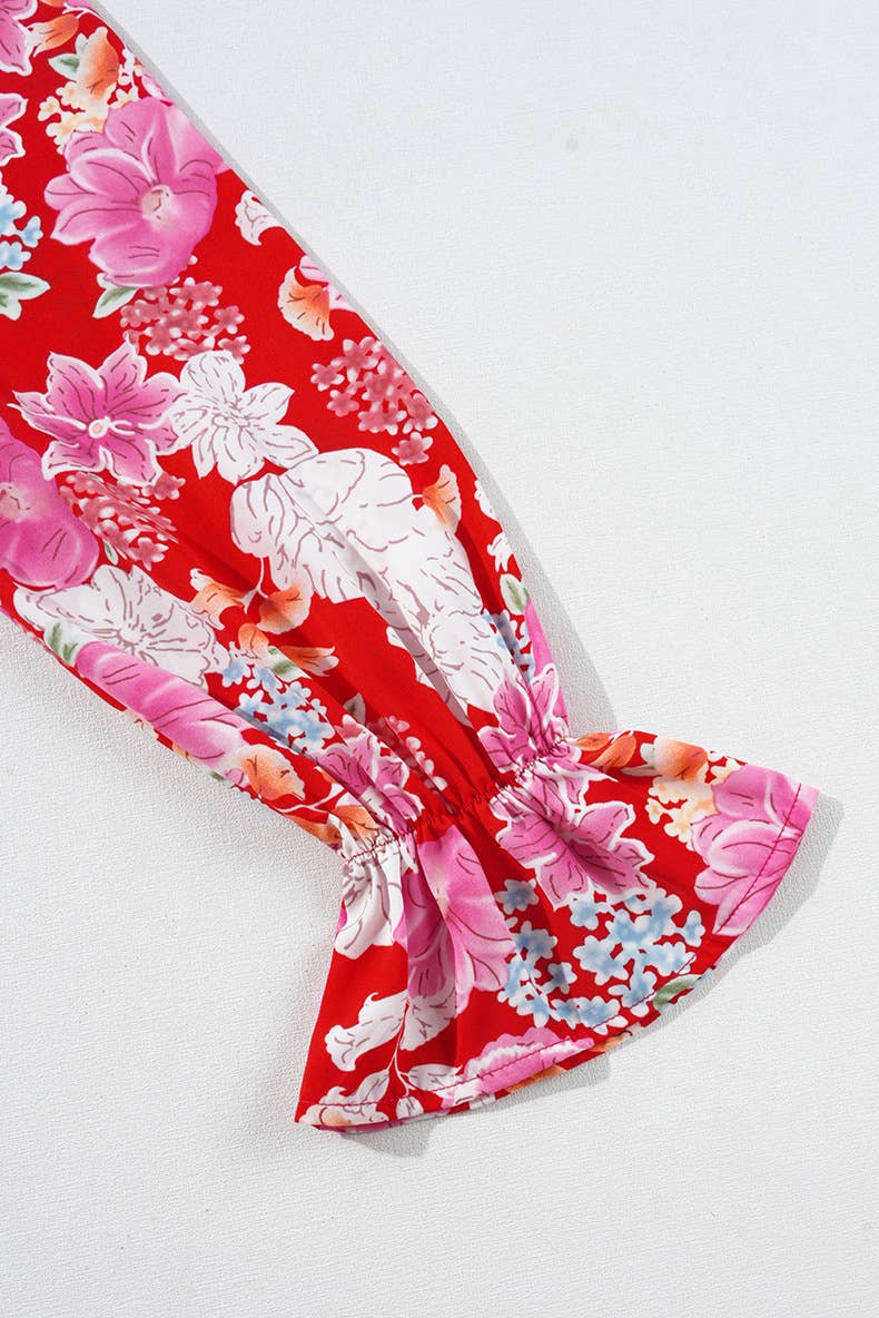 HOLIDAY HIGH-WAISTED FLORAL PRINT V-NECK DRESS