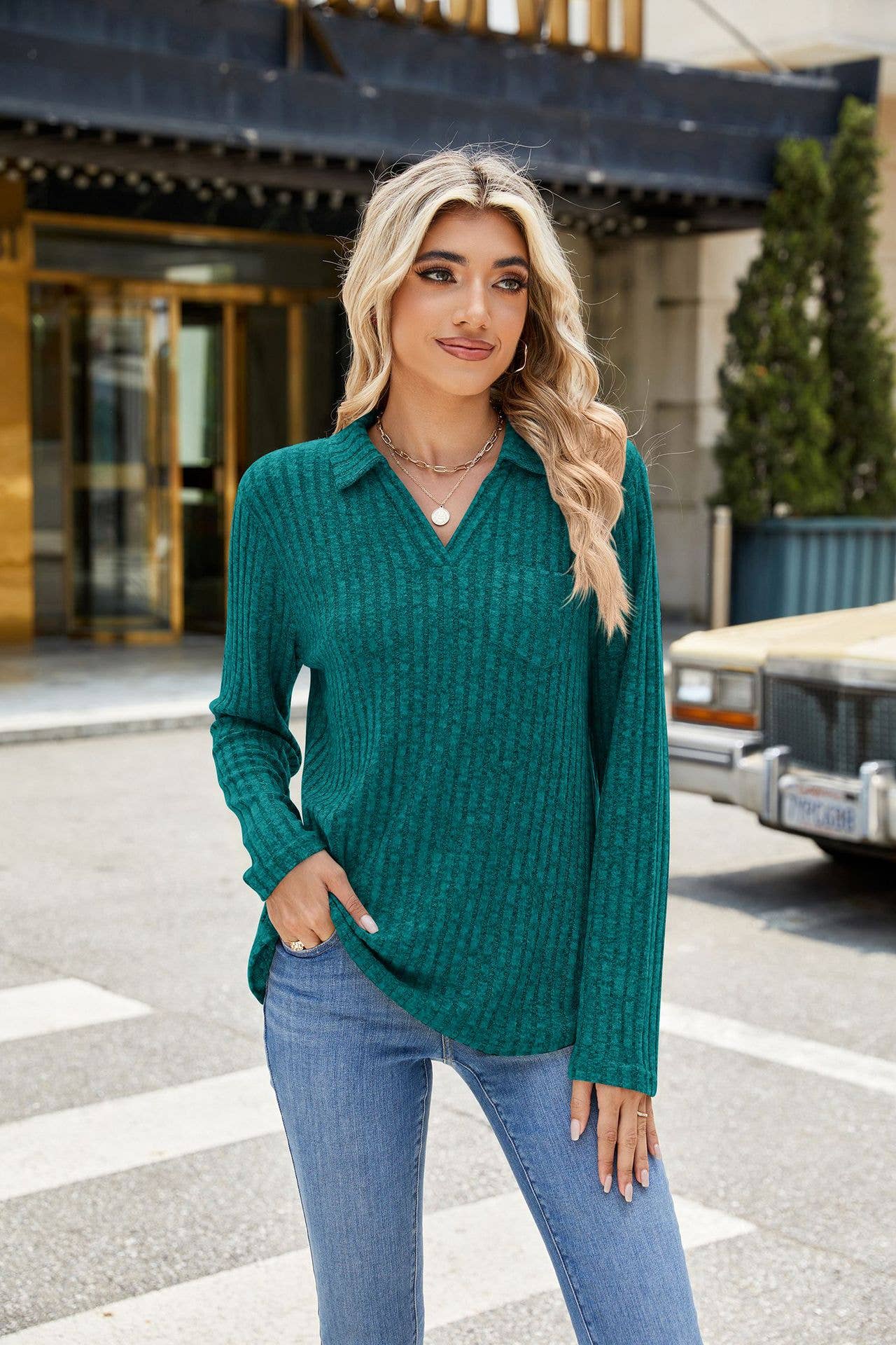 Solid color lapel pocket long sleeve loose T-shirt
