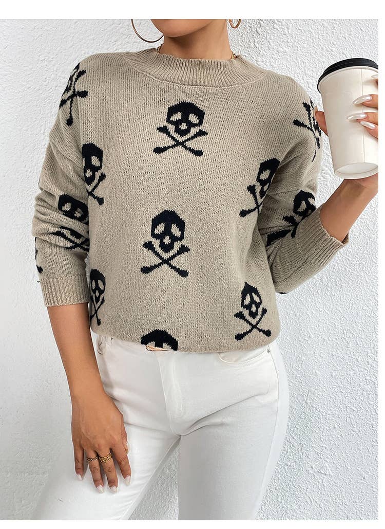 Skull Halloween jacquard crewneck pullover sweater