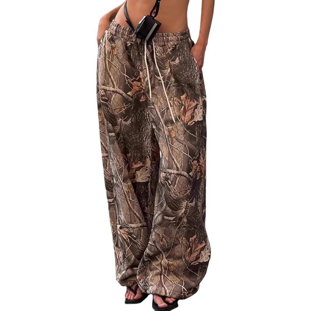 Waisted camouflage printed wide-leg pants