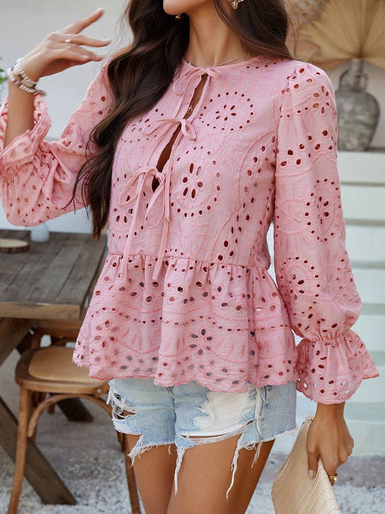 Solid color hollow leisure loose lace-up cardigan