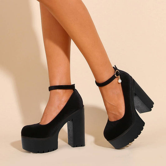 ROUND TOE FLAT BUCKLE PLATFORM HIGH HEELS