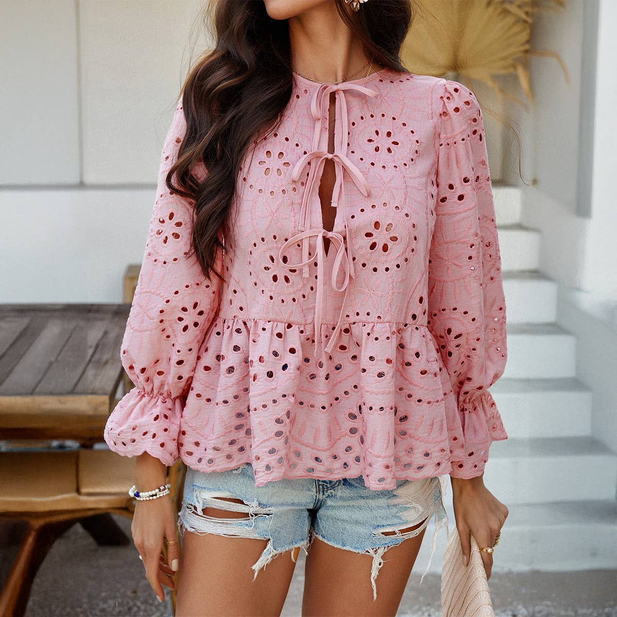 Solid color hollow leisure loose lace-up shirts