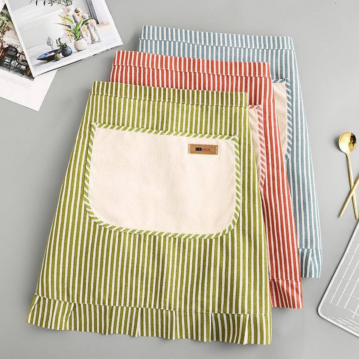 Stripe Half-length linen cooking Apron with pockets_CWMM2033