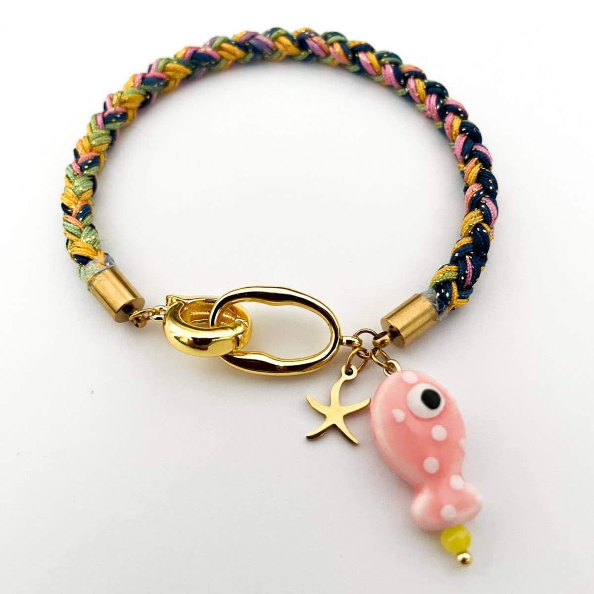 18K Gold Fish & Star Charm Woven Rope Bracelet_CWAJE4615
