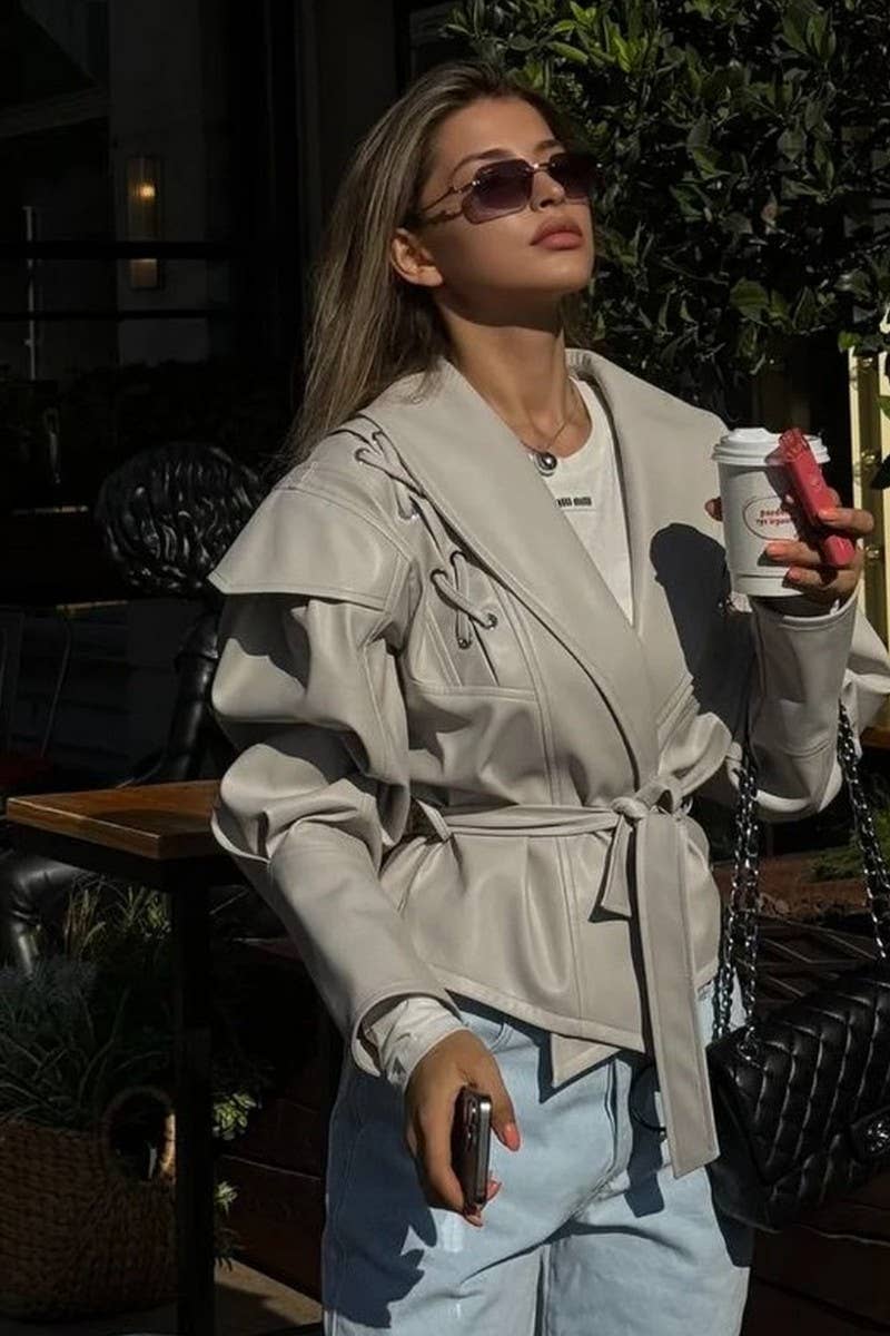 CWOCO1063_VINTAGE CASUAL LACE-UP FAUX LEATHER JACKET