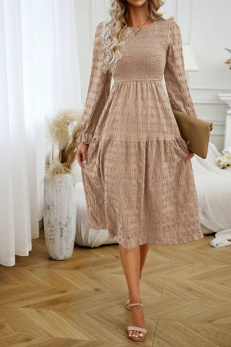 CWDMD4032_SOLID COLOR COMMUTING ROUND NECK PLEATED DRESS