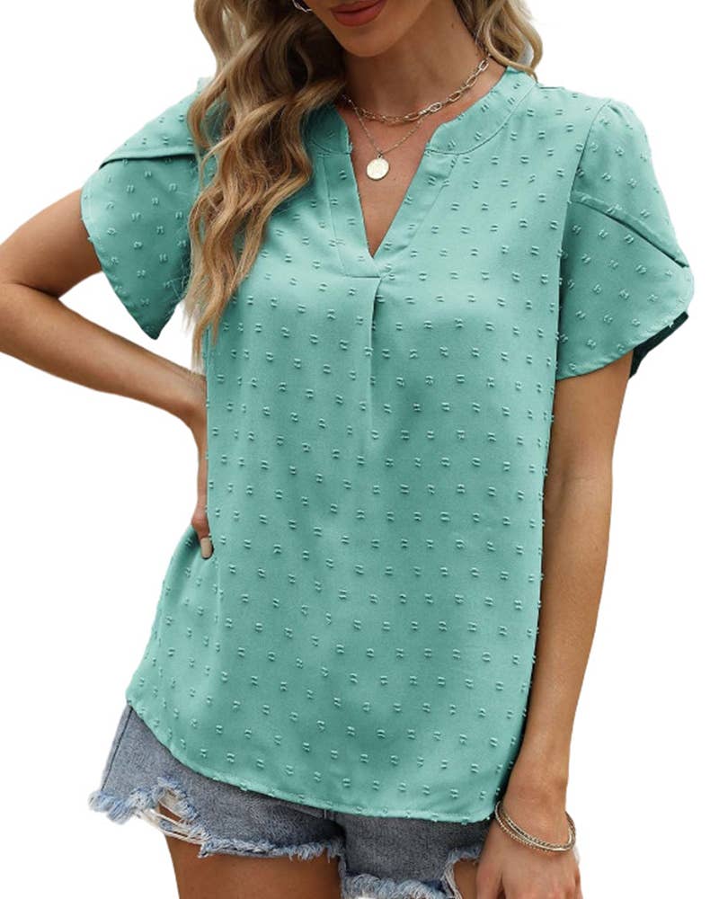 V-NECK JACQUARD SHORT SLEEVE SHIRT BLOUSE