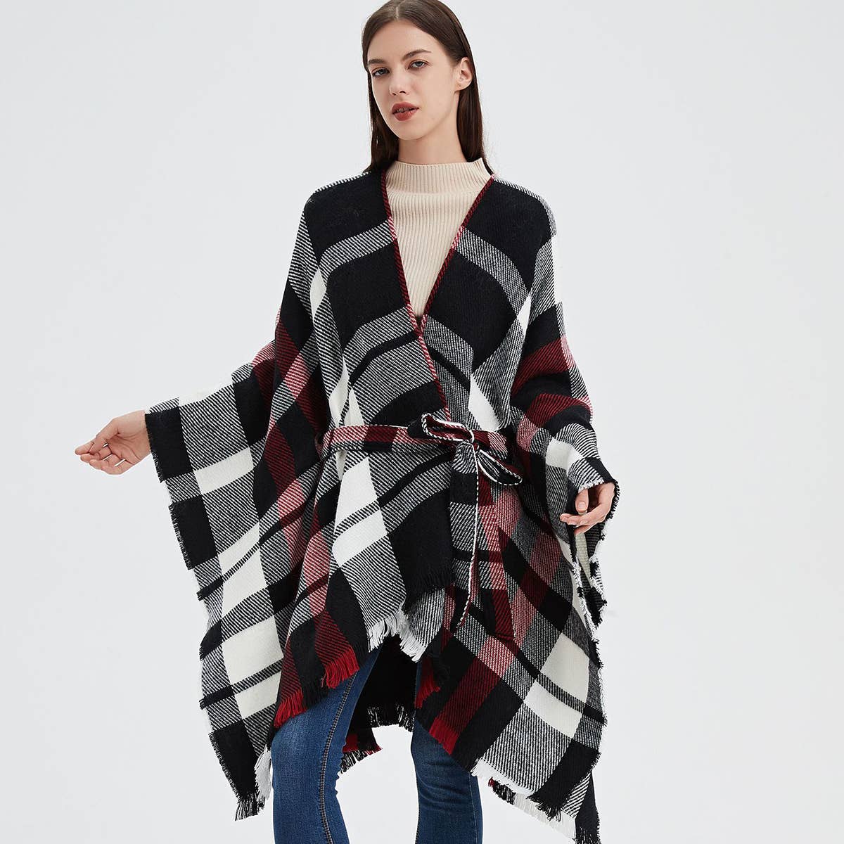 GEOMETRIC BLACK AND RED SHAWL WITH SPLIT HOOD