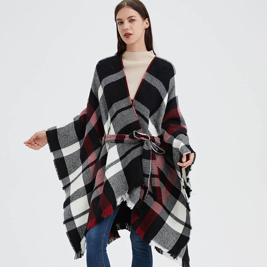 GEOMETRIC BLACK AND RED SHAWL WITH SPLIT HOOD