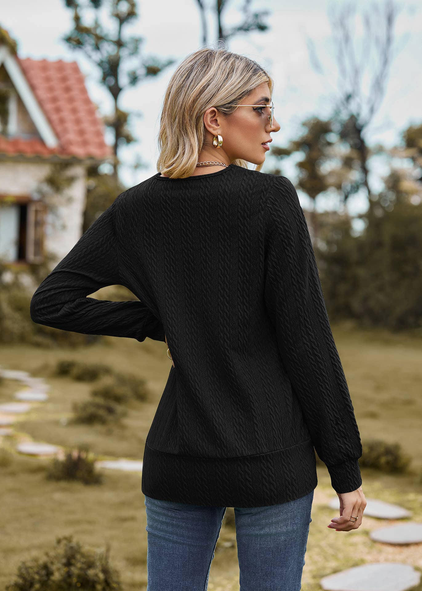 SQUARE NECK CROSS LONG SLEEVE LOOSE T-SHIRT