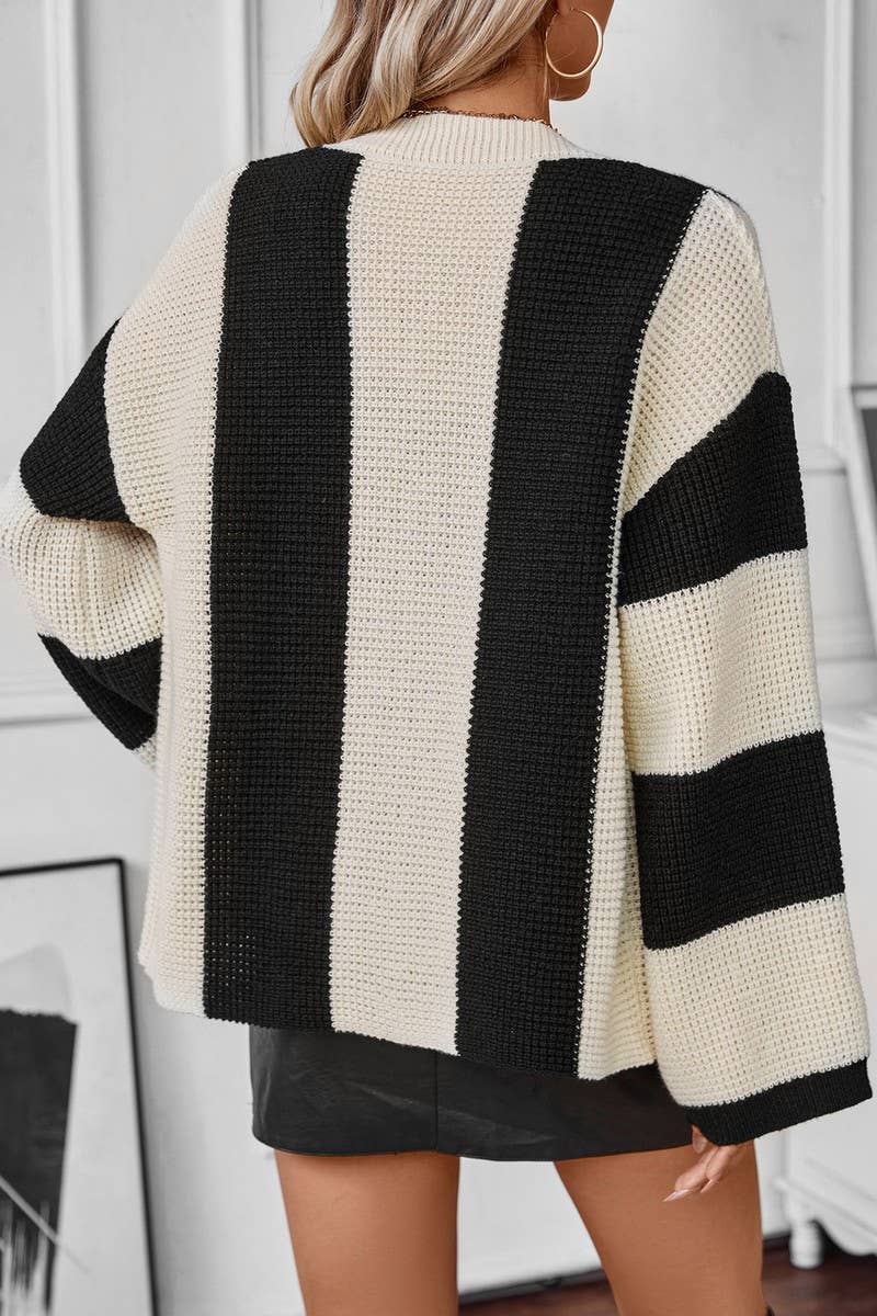 CWOCAL0833_CONTRAST STRIPE LOOSE CARDIGAN SWEATER