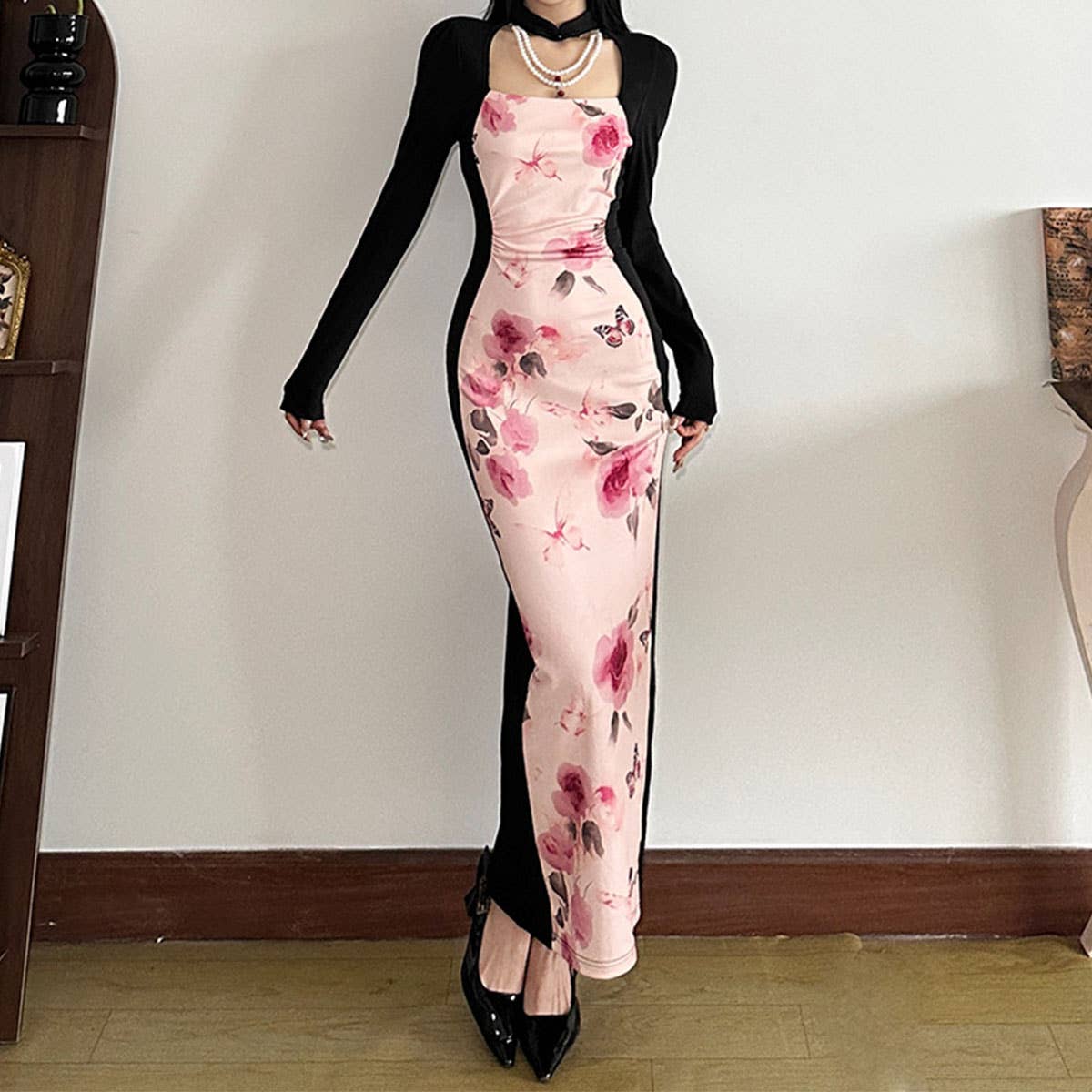 VINTAGE SPICE PRINT PRINT SLIM HIGH-WAISTED DRESS