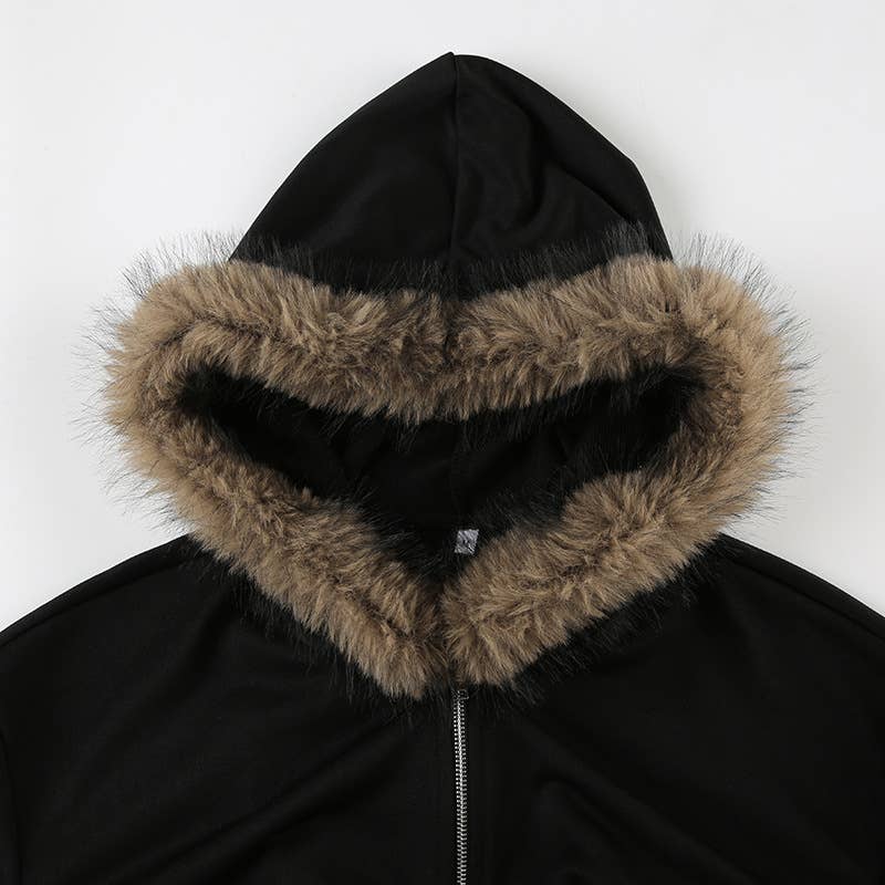 Woolen collar,cinched waist,hooded zipper jacket