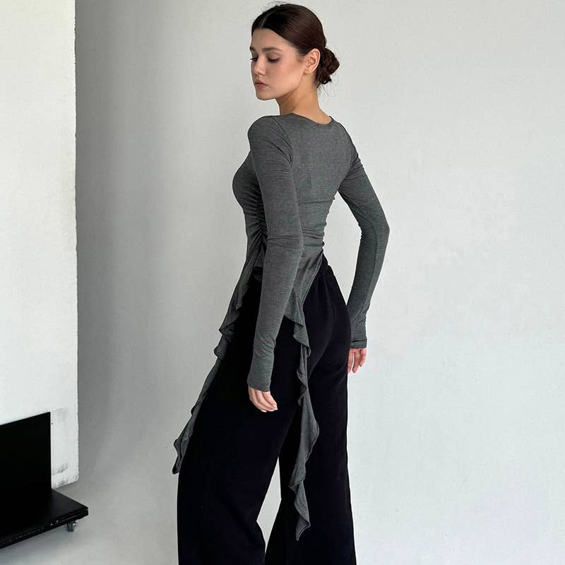 SOLID COLOR ROUND TIE RUFFLED LONG SLEEVE T-SHIRT