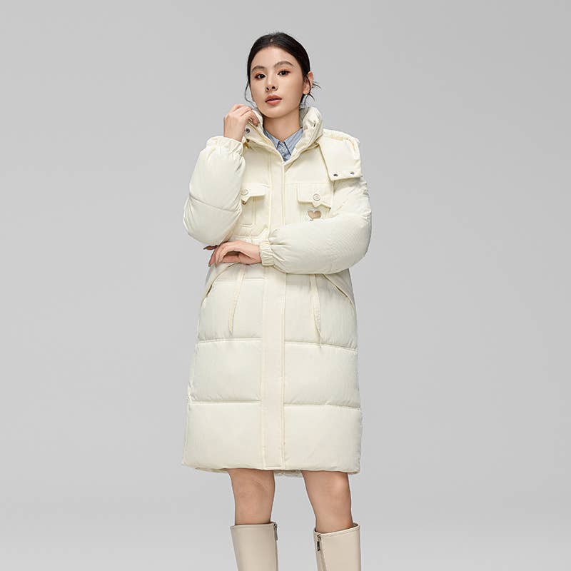 Fashionable knee-length thickened hooded jacket