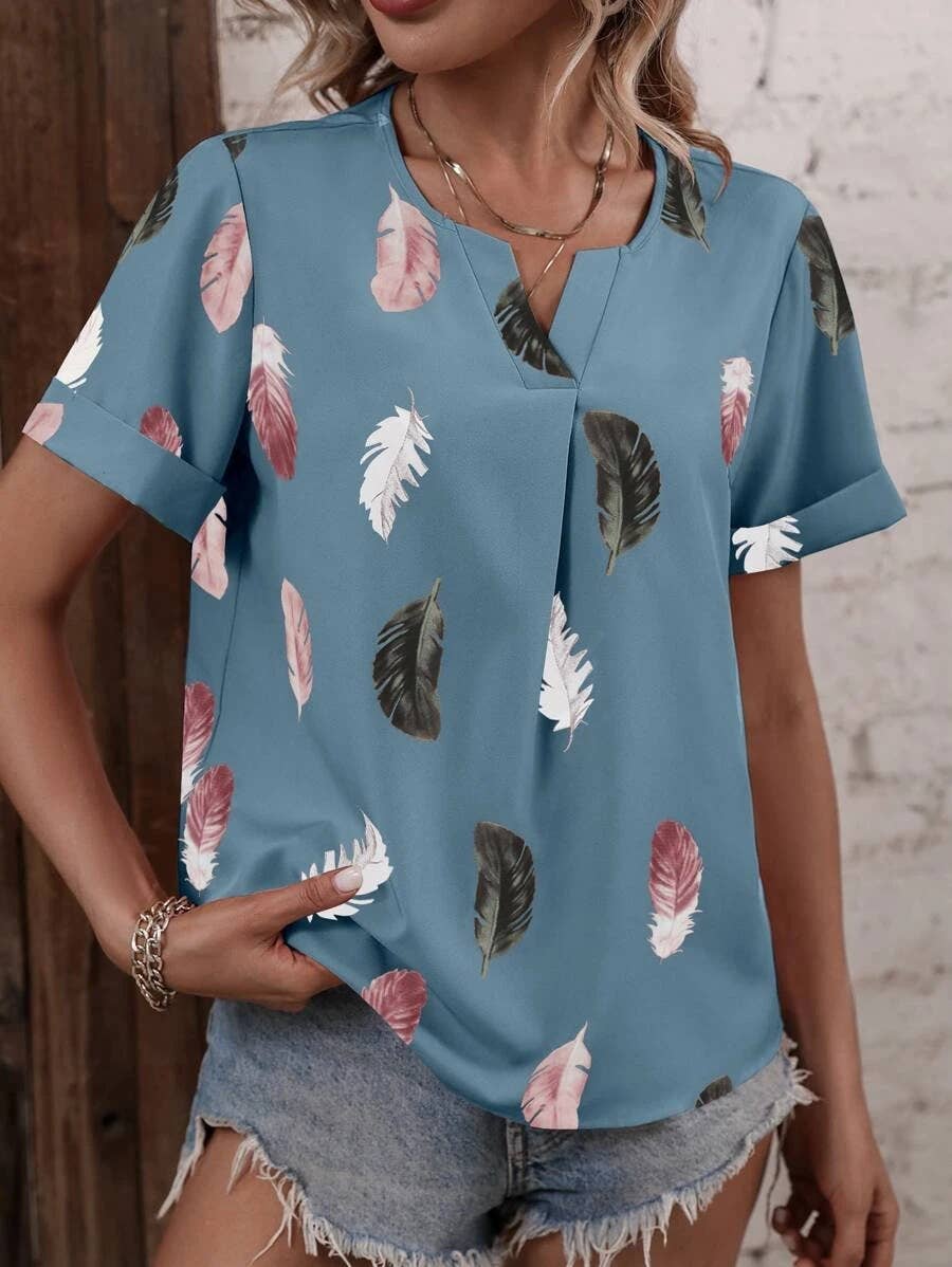 V-NECK FEATHER PRINT SHORT-SLEEVED LOOSE T-SHIRT