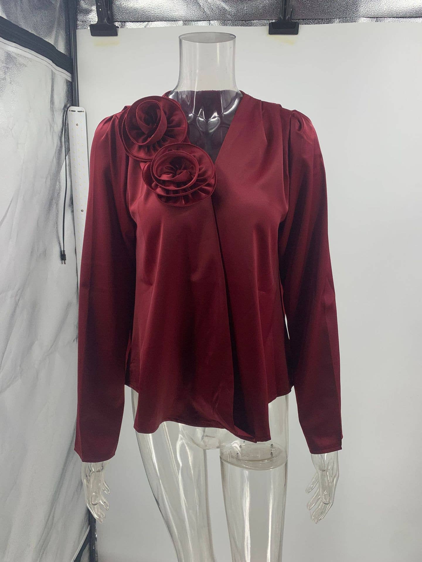 V-NECK FLORAL EMBELLISHED SATIN LONG SLEEVE SHIRT