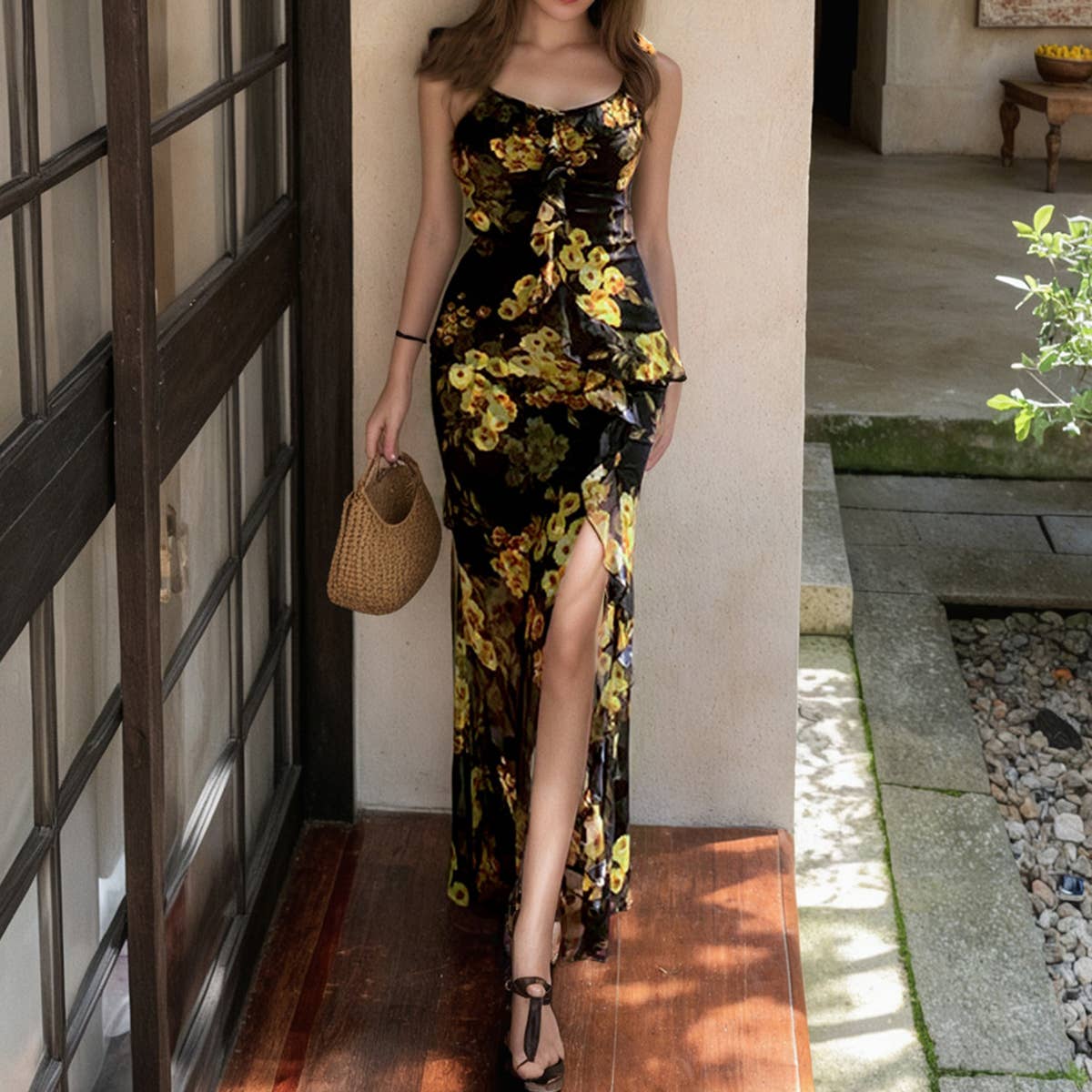 Tea break French printed ruffled halter dress