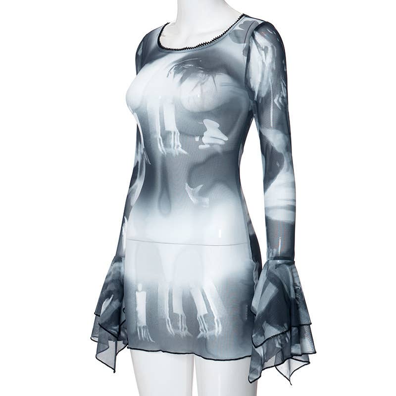 PRINTED CREW NECK DRESS WITH FLARED SLEEVES