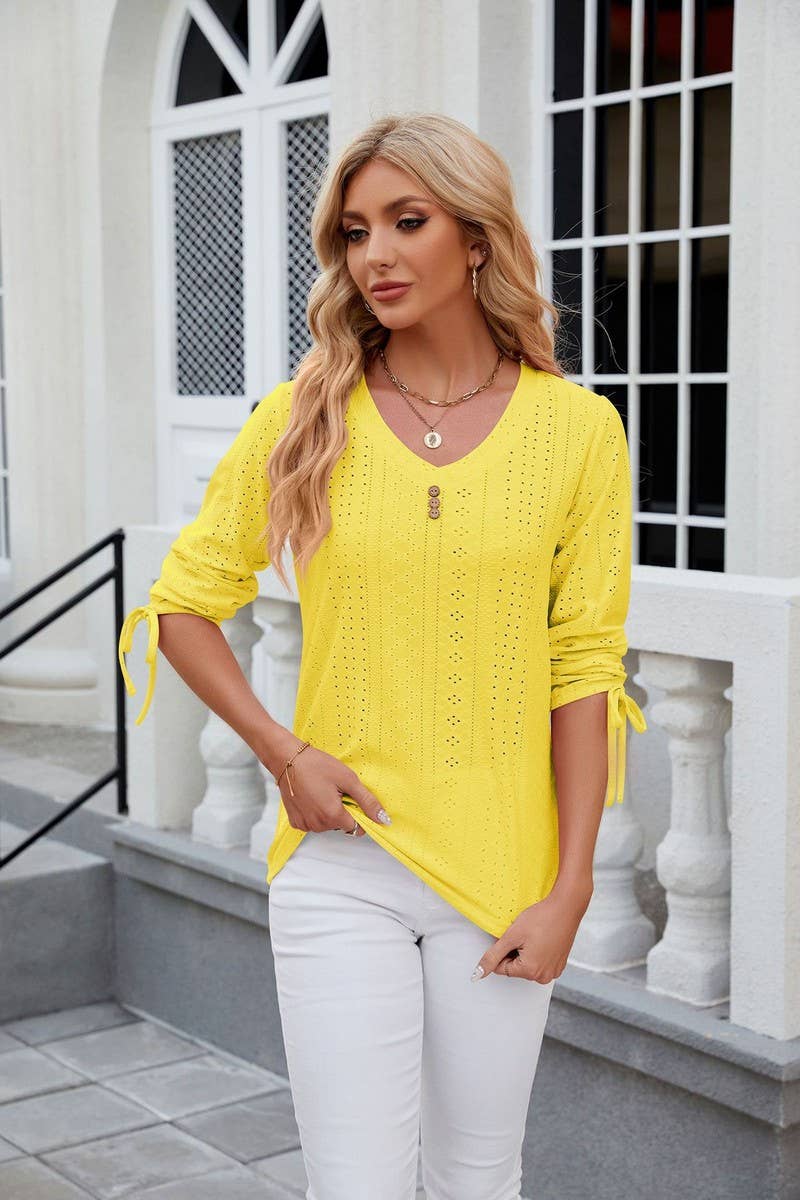 V NECK BUTTON DRAWSTRING T SHIRT_CWTSTS0191