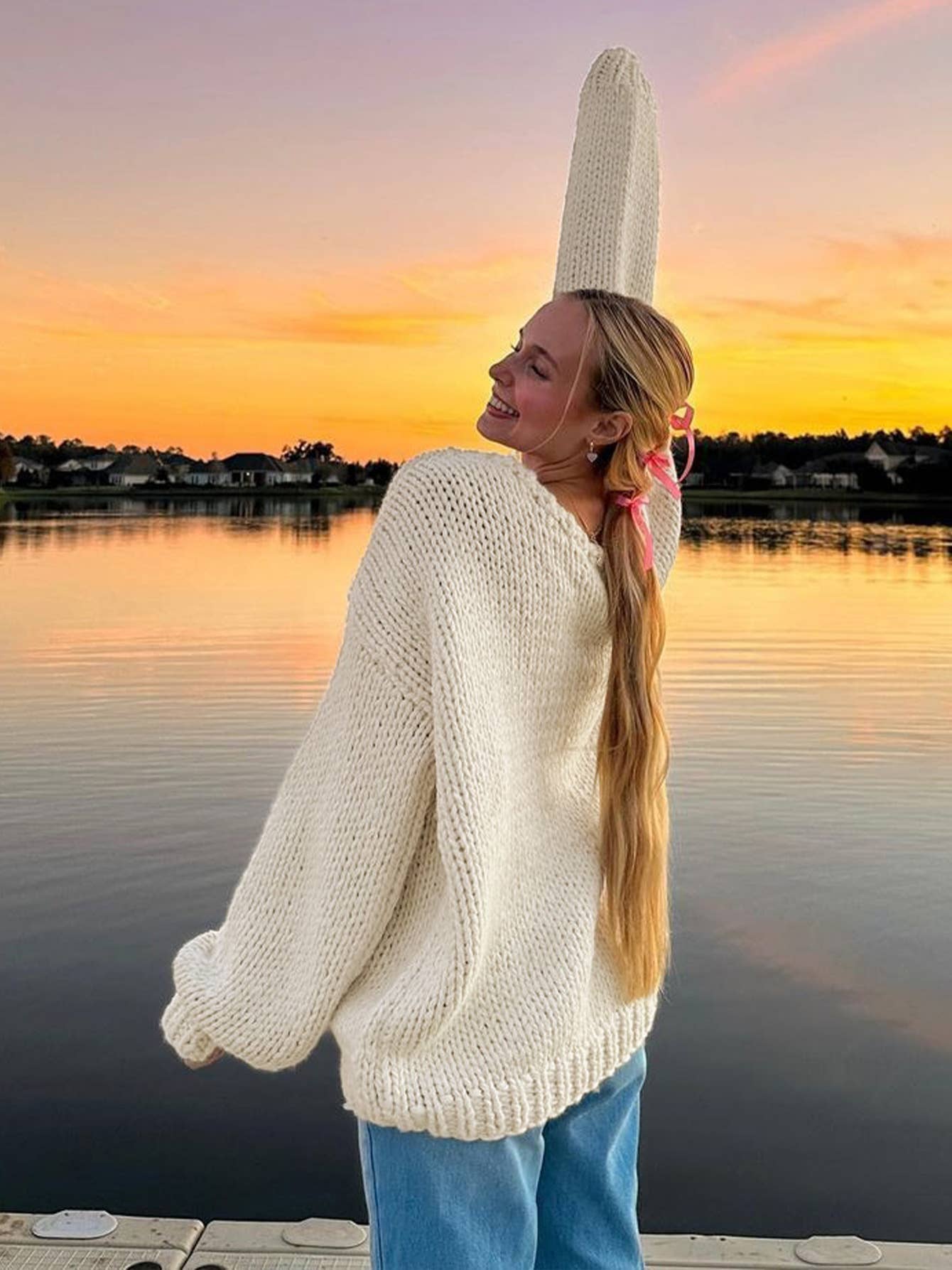 SOLID COLOR SIMPLE LOOSE V-NECK KNIT SWEATER