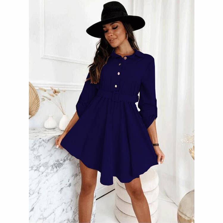 Rolled-up sleeves cinched waist shirt dress