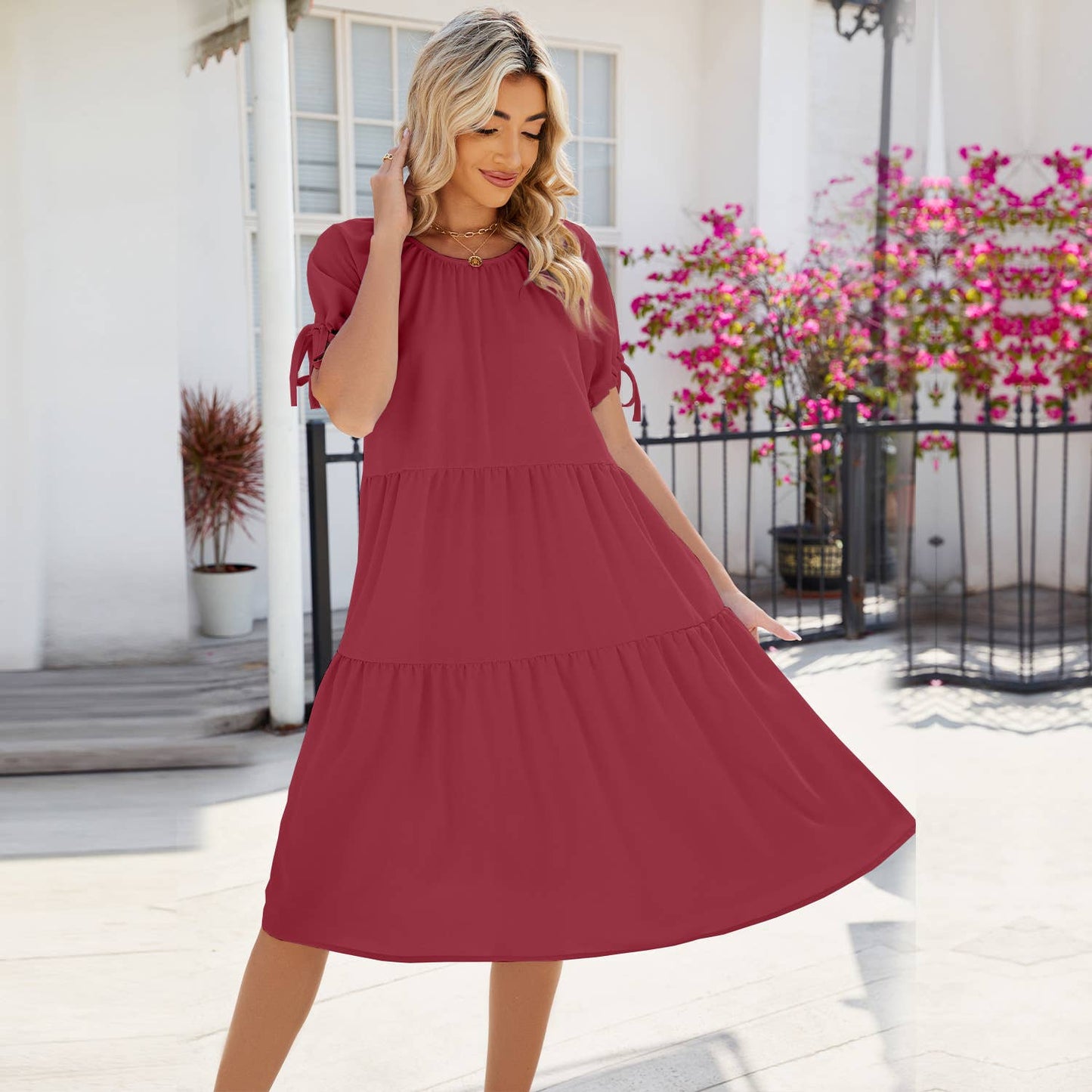 Solid color pleated short sleeve tie dress