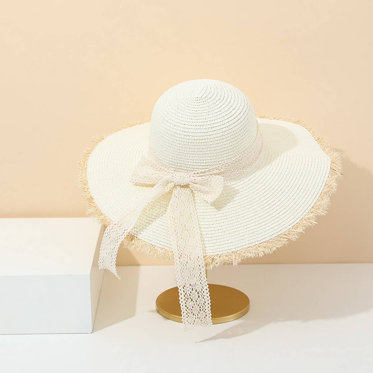 Summer Fashion Bow Ribbon Wide Brim Straw Hat_CWAH3473