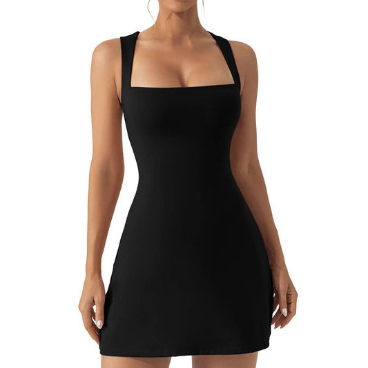 Sleeveless halter dress with square neck