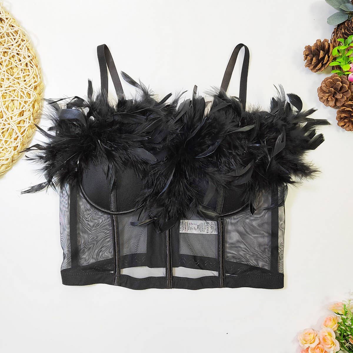SEXY FEATHER SEE-THROUGH MESH HERRINGBONE CORSET