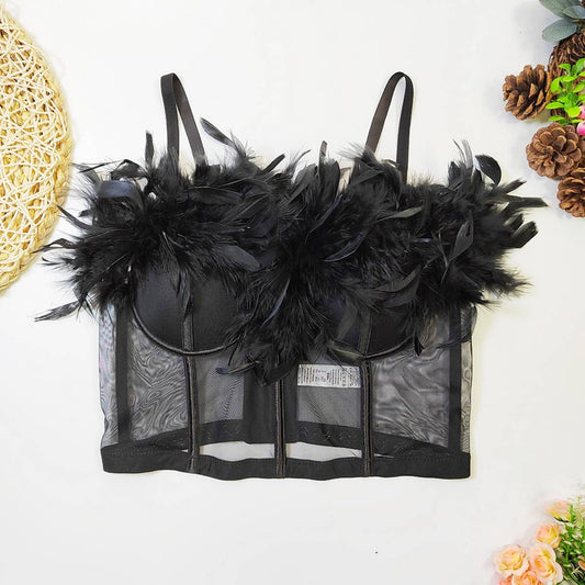 SEXY FEATHER SEE-THROUGH MESH HERRINGBONE CORSET