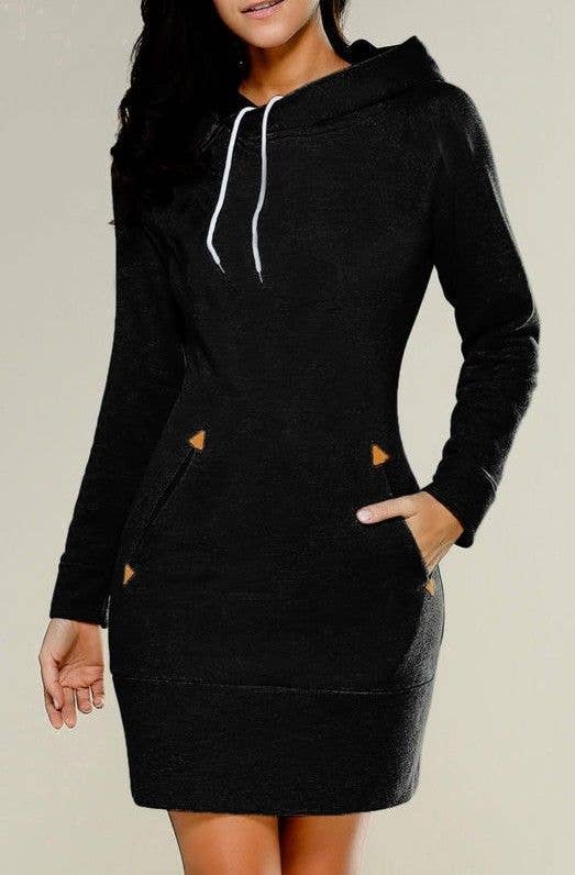 HOODED TURTLENECK LONG-SLEEVED WAISTBAND DRESS