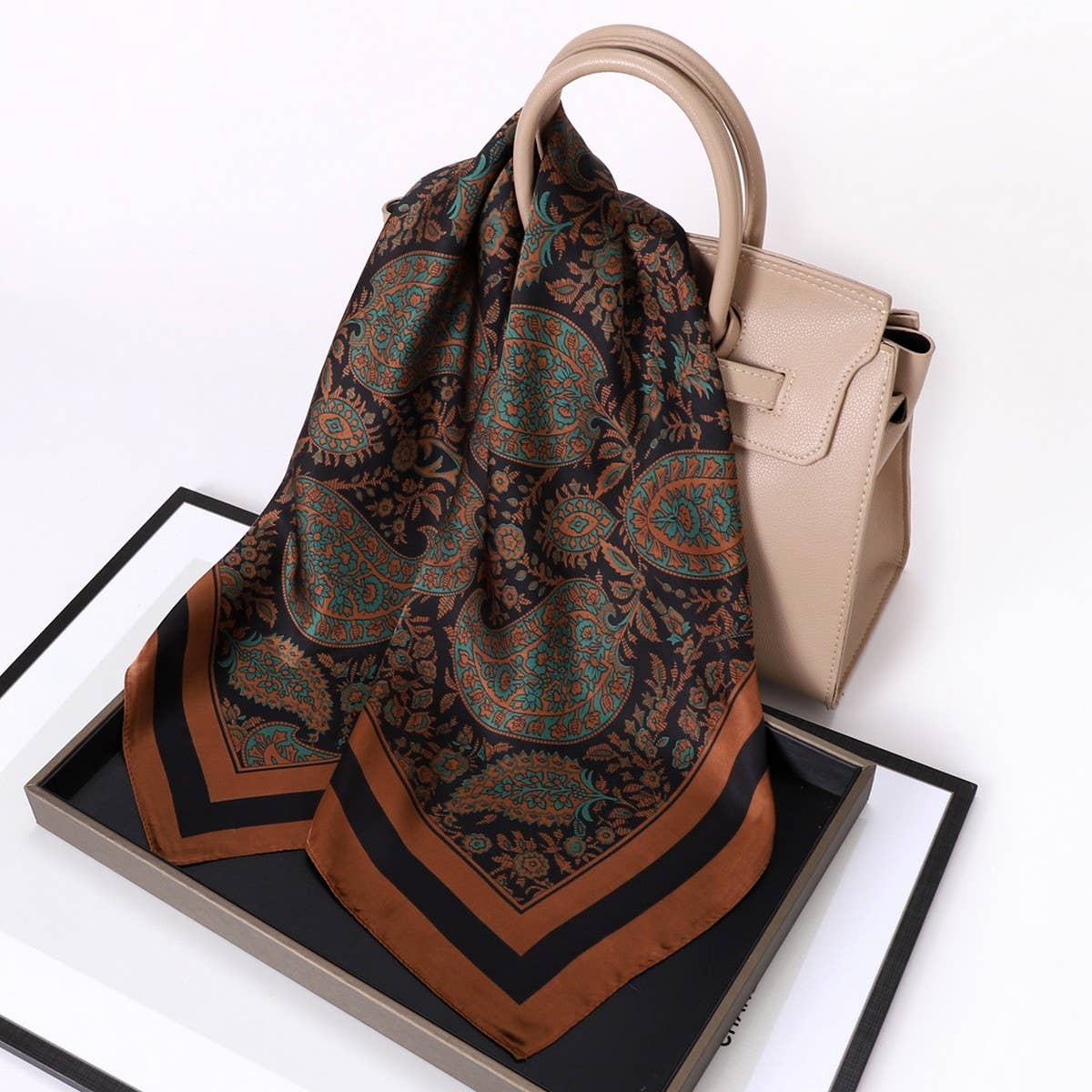 Vintage Letter Print Satin Square Scarf for Women