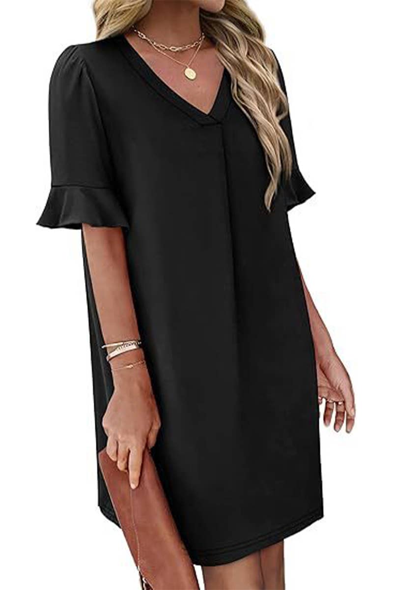 CWDSD8811_V-NECK TRUMPET SLEEVES POCKET SHORT SLEEVE DRESS